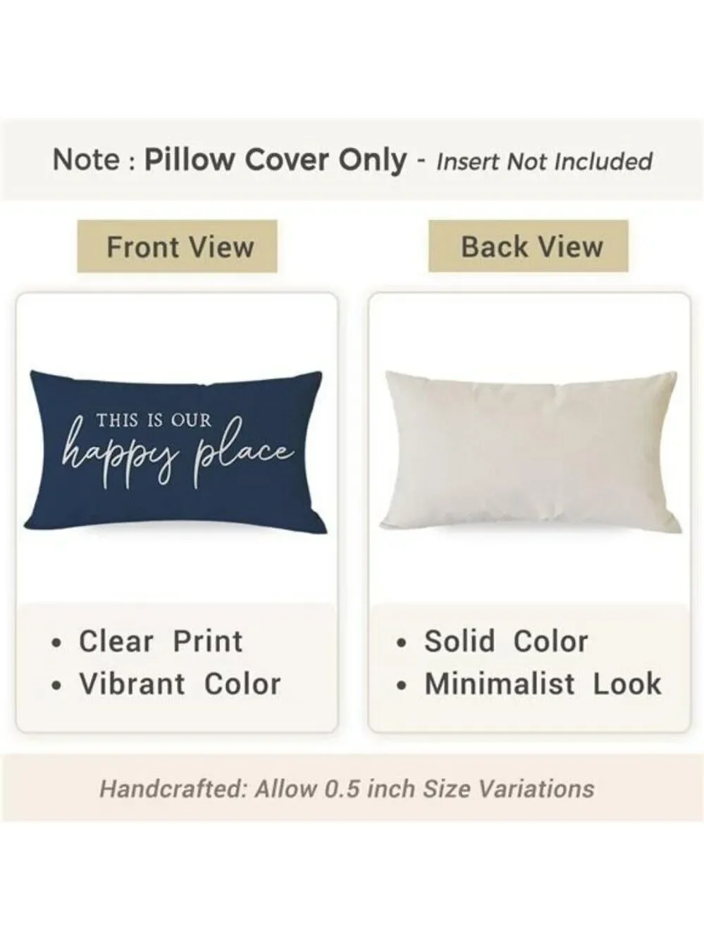 Happy Place Pillow Cover 12x20 Blue Farmhouse Lumbar Cushion Case for Couch Sofa